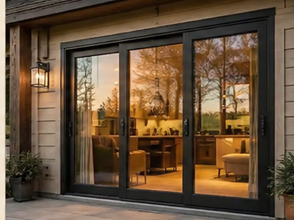 A wall of black-framed sliding glass doors on a home at dusk, warm light inside.